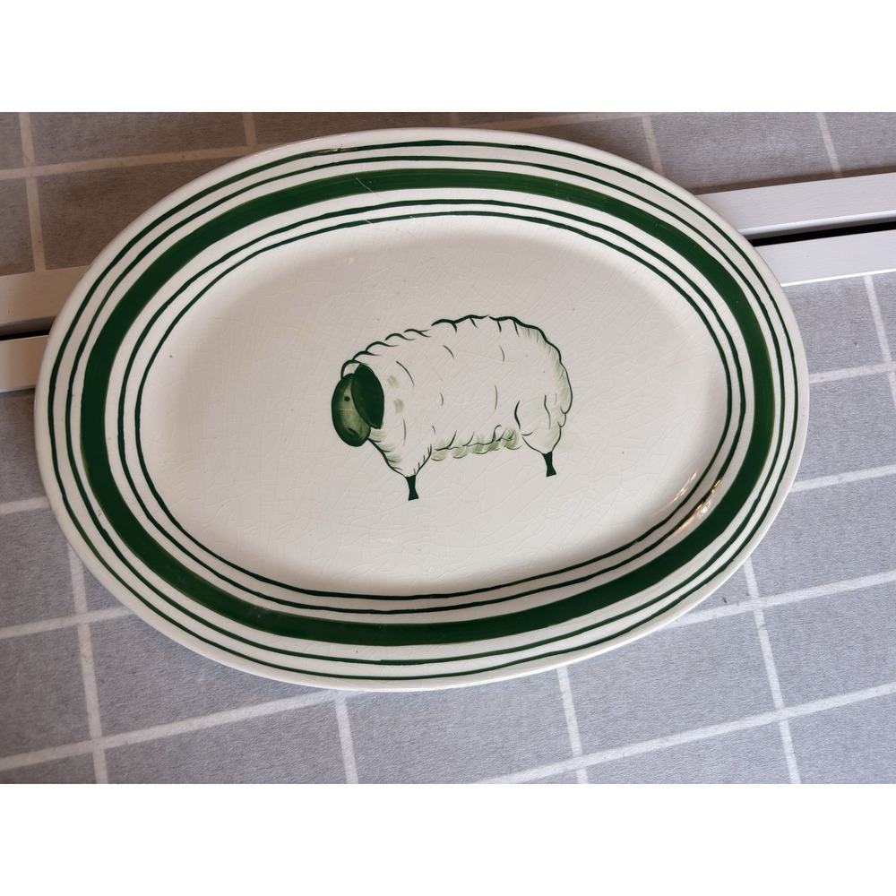 Hausenware Oval Platter Green Sheep Lamb Cottagecore Farmhouse Vintage Plate 16"